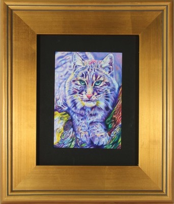 bobcat color pencil art, original, 5x10 gold frame, museum glass