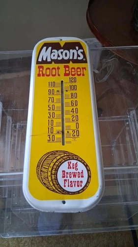 Vintage Mason’s Root Beer Thermometer Sign - Original Tin Litho 16" - Keg Brewed