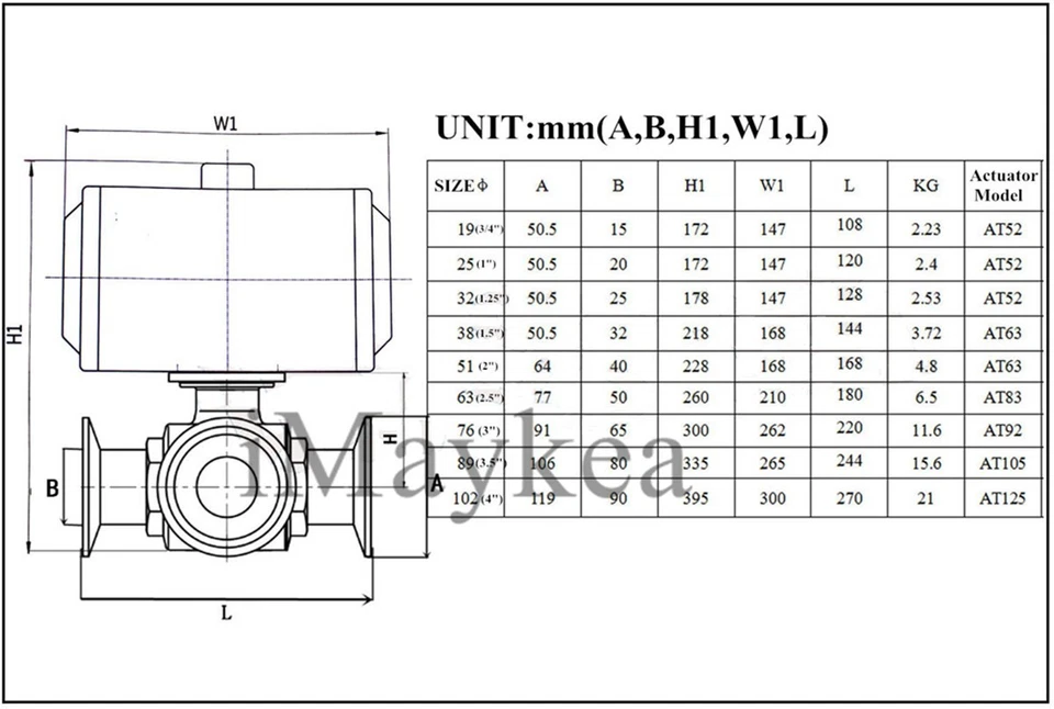 3/4" SS304 Three way T Port Clamp OD 50.5mm Sanitary Pneumatic Ball Valve - Image 2 of 4
