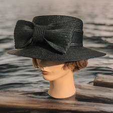 Betmar New York Black 3  Straw Hat Bow Accent 22  EUC Vintage Style Dressy 1990s
