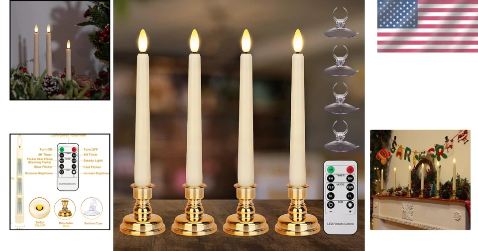 8英寸Luminara无焰电池锥形蜡烛4件套遥控移动芯象牙白 — 第 2/4 张图片