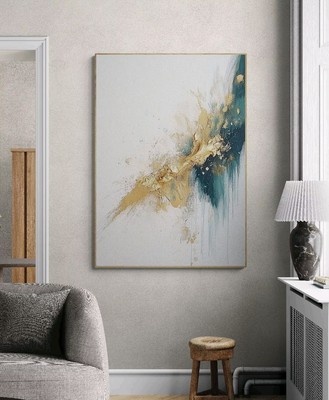 Splash of Green and Shimmering Gold Abstract Canvas Home Deco Handmade Artwork