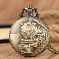 Steampunk Train Locomotive Vintage Quartz Pocket Watch for Men Necklace Chain