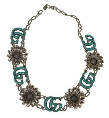 GUCCI Marmont Sterling Silver GG Statement Necklace Turquoise Resin Sun Flower