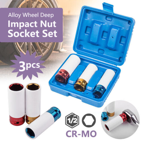 3pc Alloy Wheel Deep Impact Nut Socket Set 17, 19, 21mm 1/2'' with Nylon Sleeve - Picture 1 of 11