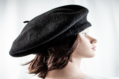 Vintage Wool Black French Beret Vintage Black Pebeo Beret Pure Wool Made in France Size 10  main image 2