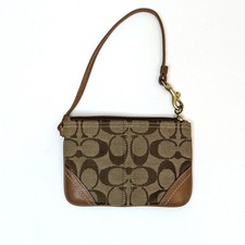 Coach Brown Signature Jacquard Wristlet Clutch Wallet Pouch Leather Trim 6 x4