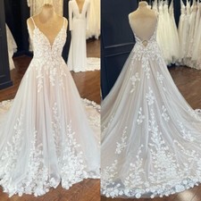 Boho A-Line Wedding Dress Spaghetti Straps Backless Lace Appliques Bridal Gowns