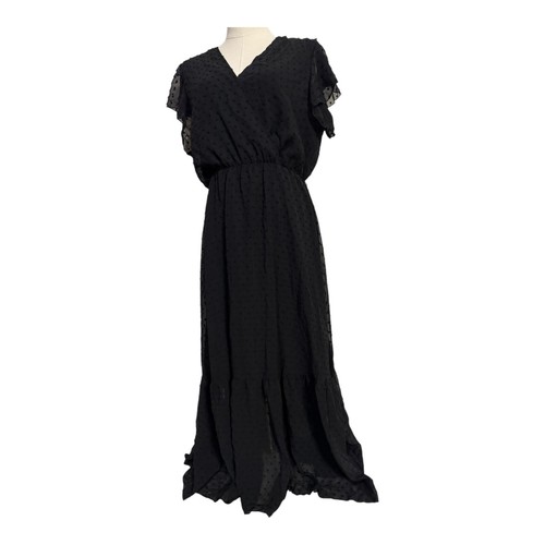 Fashion Women's V-Neck Short Sleeves Swiss Dot Tiered Maxi Dress Black Size M - Picture 10 of 12