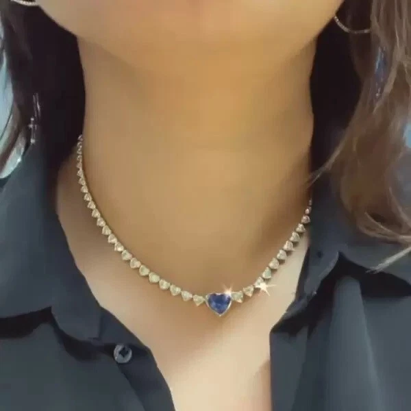 38 Ctw 创建坦桑石和钻石 14k 镀白金心形网球项链 — 第 3/4 张图片