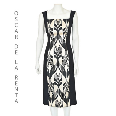 OSCAR de la RENTA Black & Beige Ikat Panel A-Line Midi Dress 2017 SZ2 NWOT