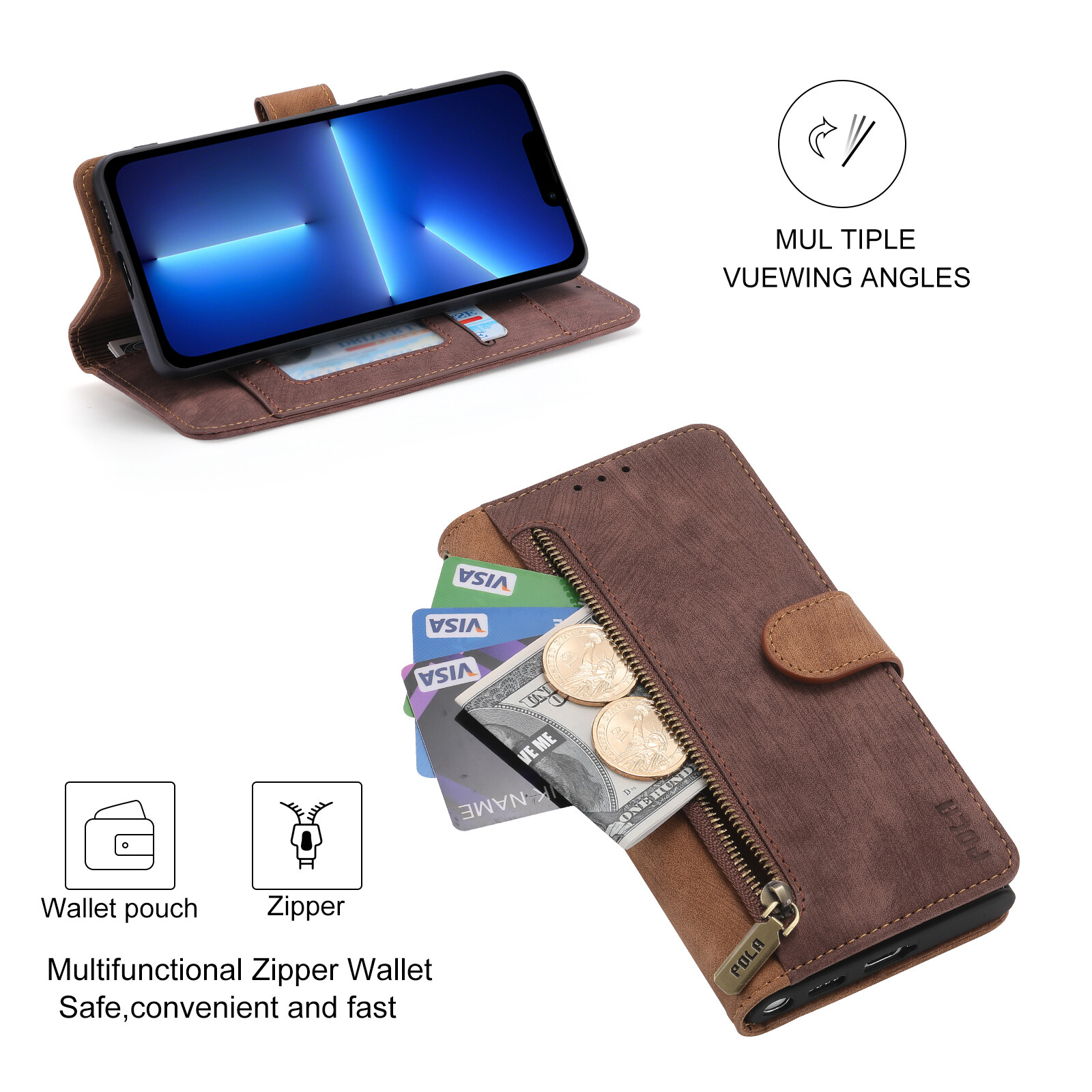 For iPhone 13 Pro Max 12 11 XS SE3 Magnetic Zipper Wallet Case