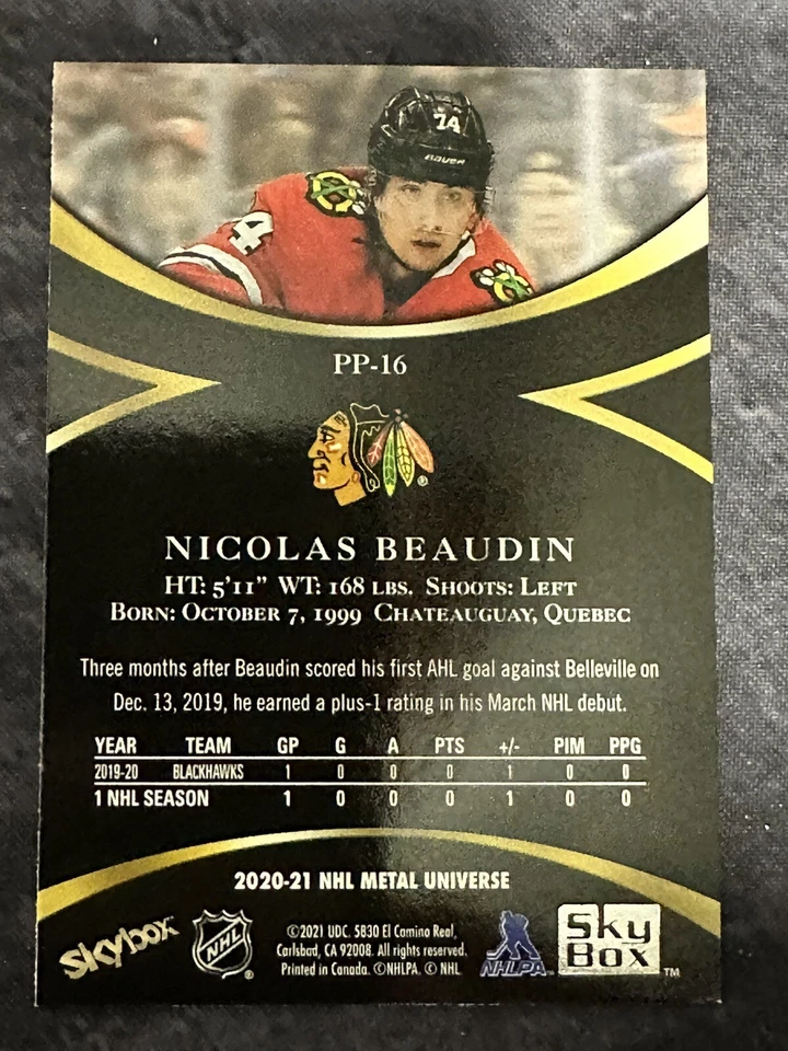 2020-21 Metal Universe Skybox  Premium Prospects PP16 Nicolas Beaudin Blackhawks - Image 2 of 2
