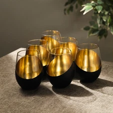 Matte Black and Gold Tilted Design Stemless Wine Glasses Tumblers, Set of 6
