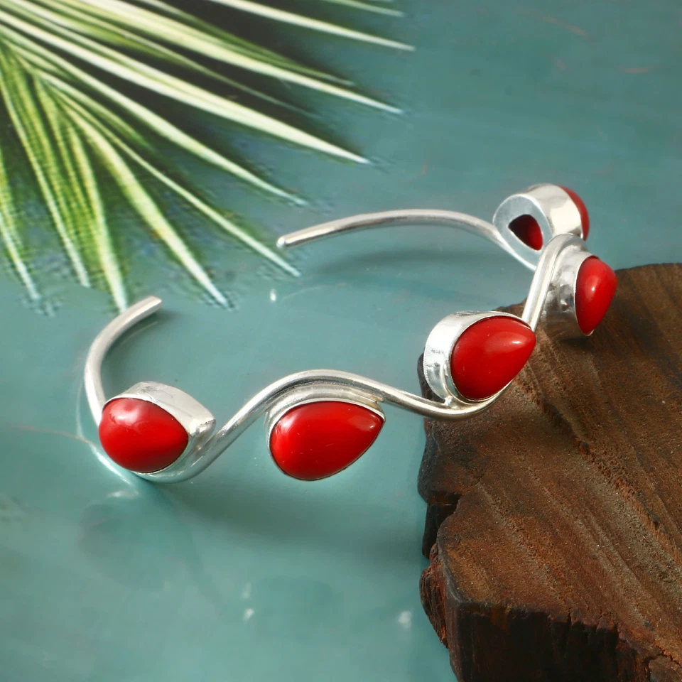 Brazalete brazalete de plata de ley 925 con piedras preciosas de coral rojo natural joyería Foto 3 de 3