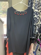 Vince Camuto Navy Blue Long Sleeve Dress with Embellished Neckline - Size 12