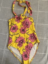 Boden Yellow Pink Floral Halter One Piece Swimsuit Padded Adjustable Strap US 8