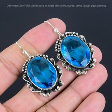 925 Sterling Silver Swiss Blue Topaz Gemstone Dangle Drop Boho Earrings Jewelry