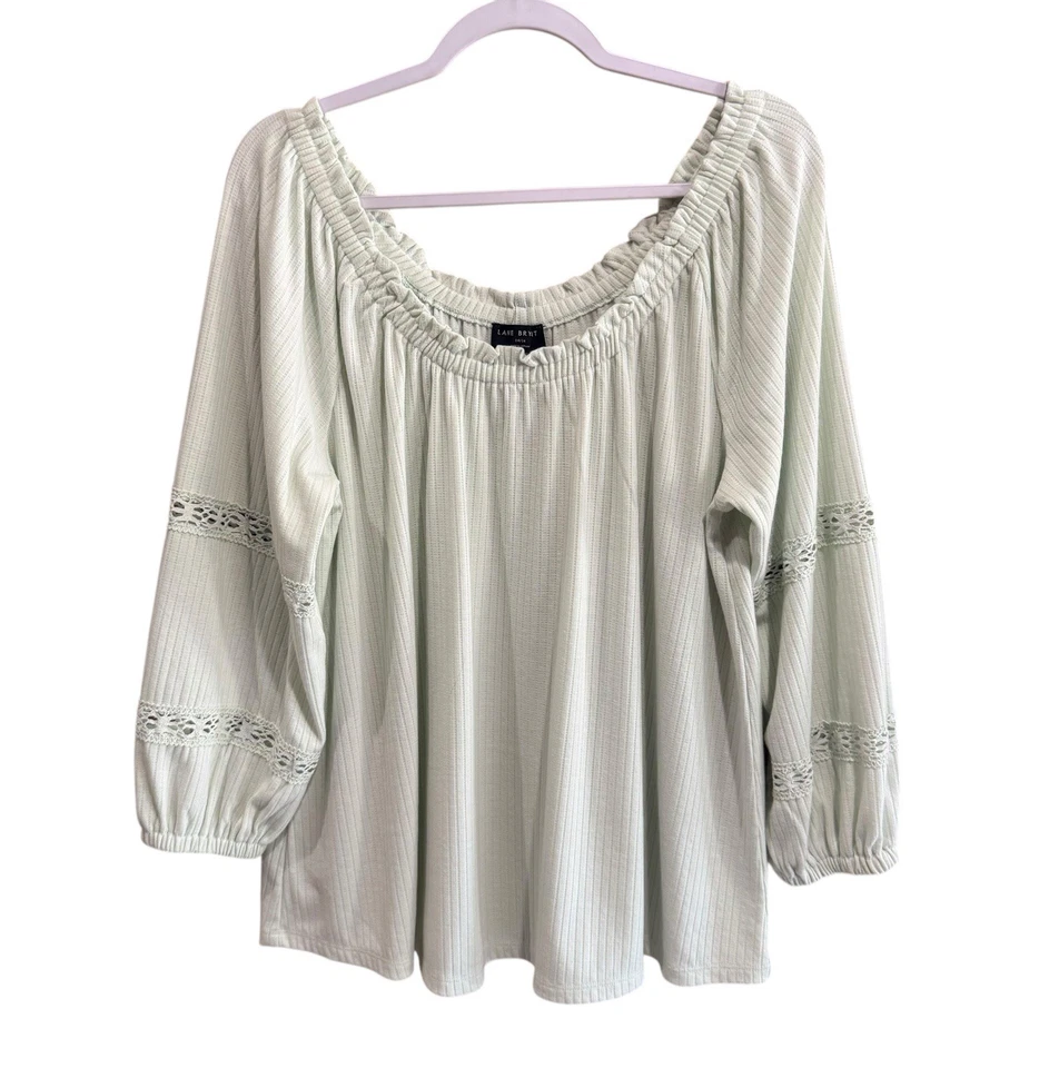 Lane Bryant Ribbed Lace Inset Sea Foam Green Peasant Bohemian Blouse Size 14/16 - image 4 of 4