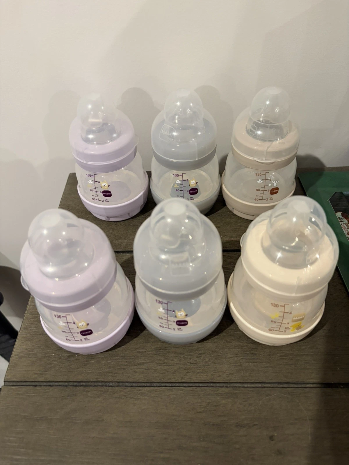 6 MAM 4oz baby bottles with size 0 nipples
