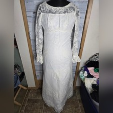 Vtg 60s White Lace Organza Chiffon Edwardian Victorian Long Sleeve Wedding Gown