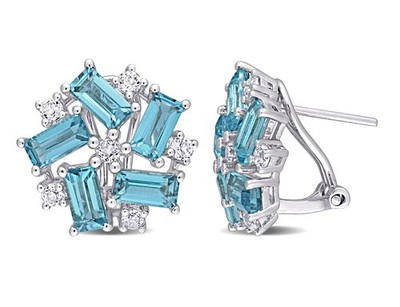 5,12 Karat (ctw) Blau-Weißtopas Baguette Knopf Ohrringe Sterlingsilber