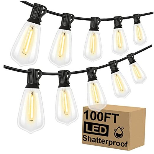 100FT LED Outdoor Patio String Lights with 52 Shatterproof ST38 Bulbs for Durable Lighting