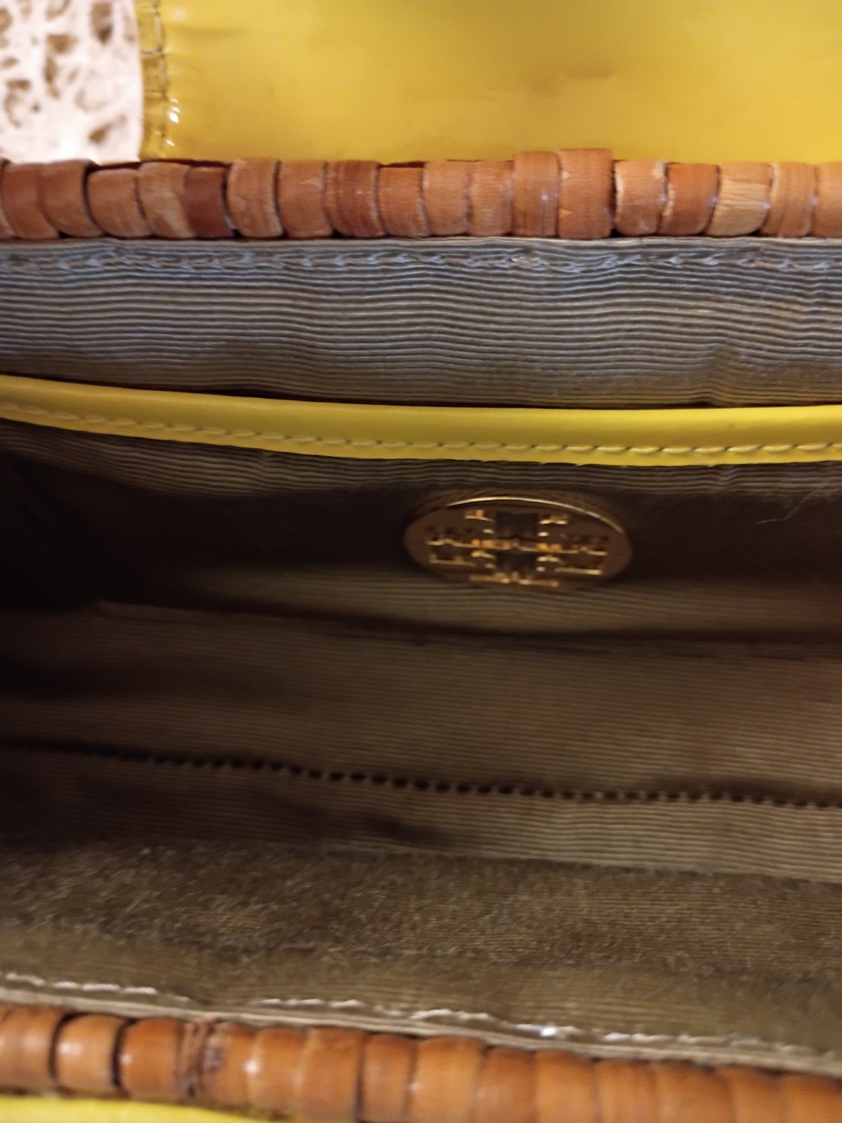 Tory Burch Rattan Clutch. Yellow Patent Leather.