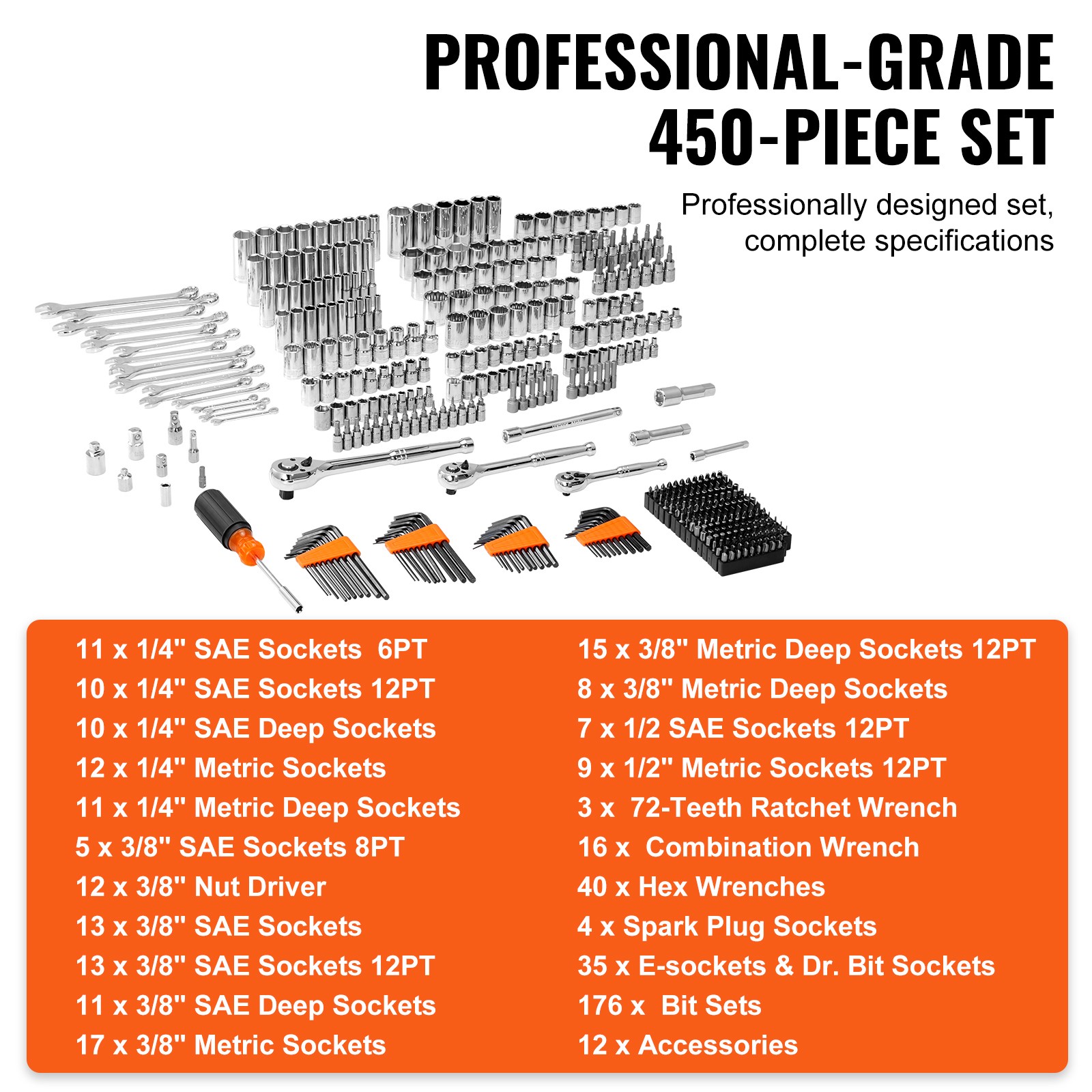 Mechanics Tool Set and Socket Set 1/4in 3/8in 1/2 in Drive Sockets 450Pcs alternate view 3