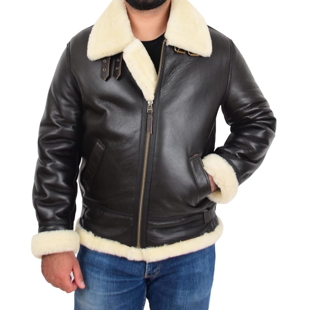 Genuine Sheepskin Flying Jacket For Men B3 Bomber Aviator Pilots Shearling Coat