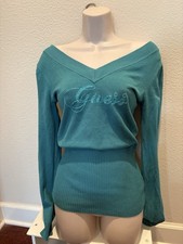 Vintage GUESS Sweater Knitted V Neck Spell Out Logo Size M