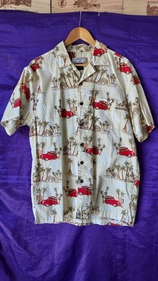 Vintage Hawaiihemd Autos rot Palmen beige Hintergrund Größe L Baumwolle