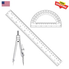 Durable Transparent 12-Inch Ruler Protractor Set with Stainless Steel Compass