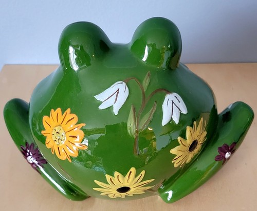 Ceramic Frog Big Mouth Ashtray Dish Vintage Green 6x8" Handpainted Flowers - Picture 19 of 24