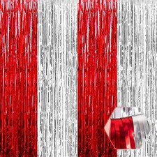 3 Pack Red Silver Foil Fringe Curtain Backdrop 3.28Ft x 9.8Ft Metallic Tinsel...