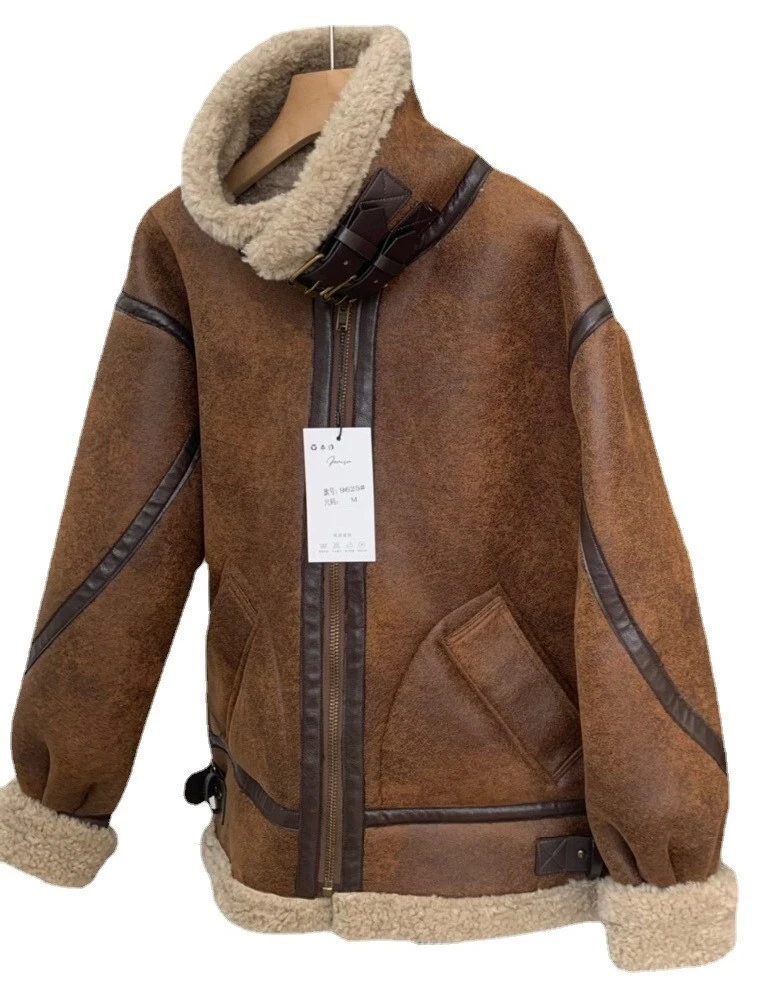 Korean Classic Coat Winter Zip Fleece Casual Warm wool Jacket women's Leather