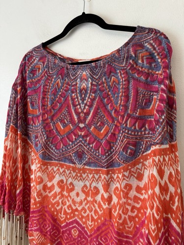 Chico's Phoebe Poncho Linen Semi Sheer Beaded Fringe Southwestern Cowgirl Sz OS - Picture 3 of 7