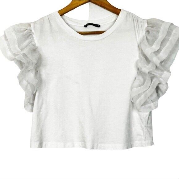 Zara Top Womens Cropped Ruffled Short Sleeve Crew Neck T Zara Top Womens Cropped Ruffled Short Sleeve Crew Neck T