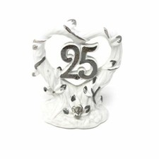 25 Year Wedding Anniversary Cake Topper Porcelain Figurine White Silver Heart