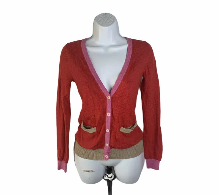 Boden Cardigan Sweater Womens Size 2 Red Pink Brown Button Closure