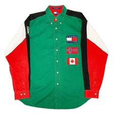 Vtg Rare Tommy Hilfiger Color Block Big Logo Button Up Shirt. Mens Large