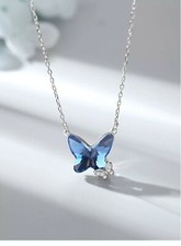 Graceful Blue Butterfly Crystal / Zirconia 925 Sterling Silver Pendent Necklace