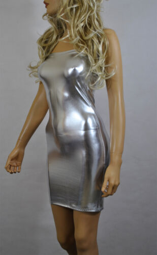 Silber Minikleid Metallic Stretch Nass PVC Trägerlos Boob Tube Bodycon Glänzend D87 - Bild 2 von 12