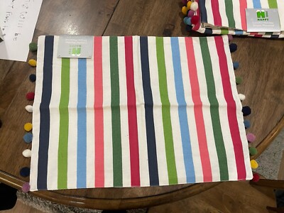 H For Happy Placemats Set Of 4 Colorful Pom Pom Holiday Stripes 14'' x 19'' NWT