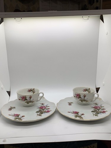 Japanese Moss Rose Luncheon/ Snack set, with Gold Trim, Vintage Set Of 4 - Picture 3 of 12