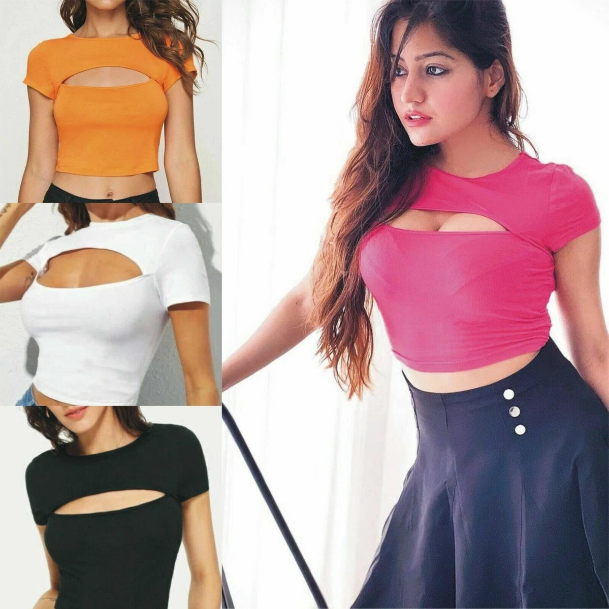 Cut Out crop T-Shirt crop tee cap sleeve cleavage cutout shirt top midriff  XS XL