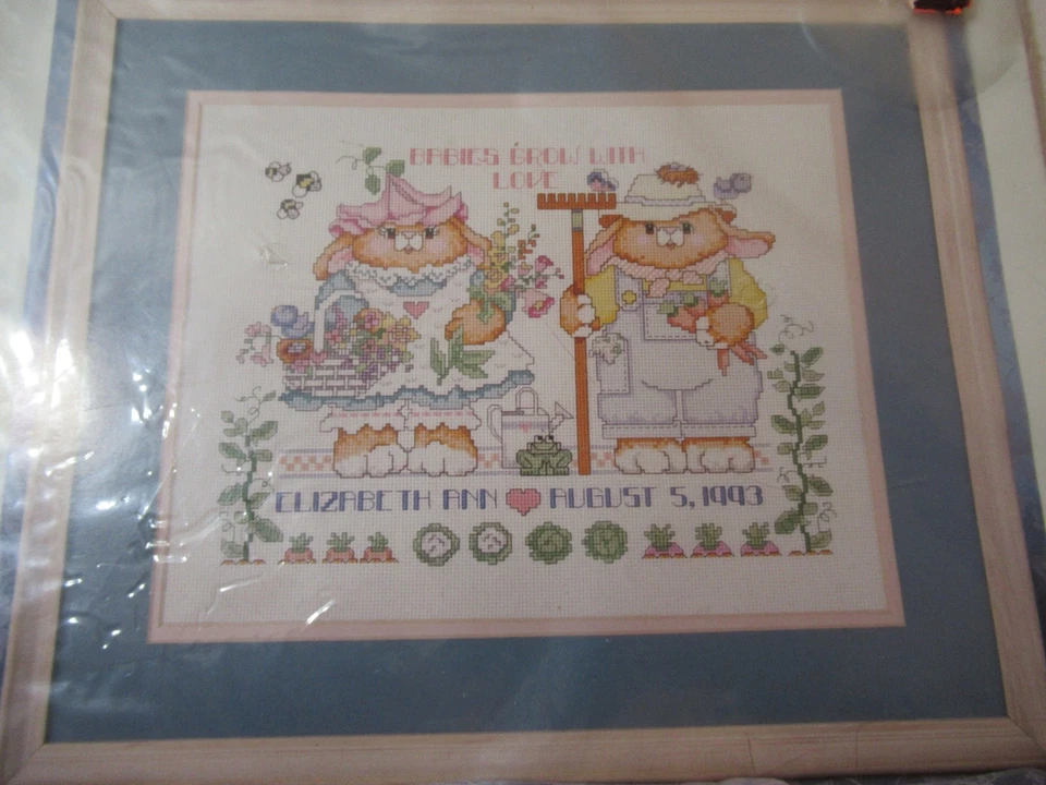 New Bucilla Counted Cross Stitch Gardening Bunnies Birth Record #40756 (1993) - Image 2 of 4