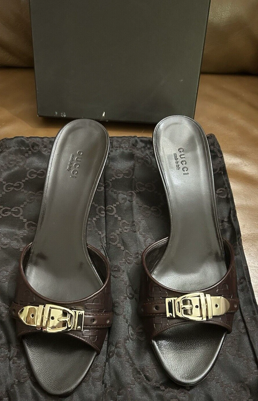 GUCCI CUIR CHOCOLAT NOIR GG GUCCISSIMA MULES DIAPOSITIVES TALONS TALONS OR BOUCLE