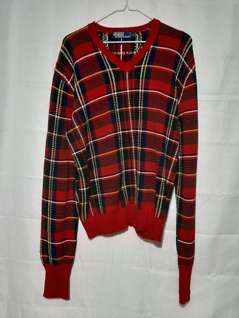 Womens juniors Polo Ralph Lauren plaid red v neck sweater large L | eBay