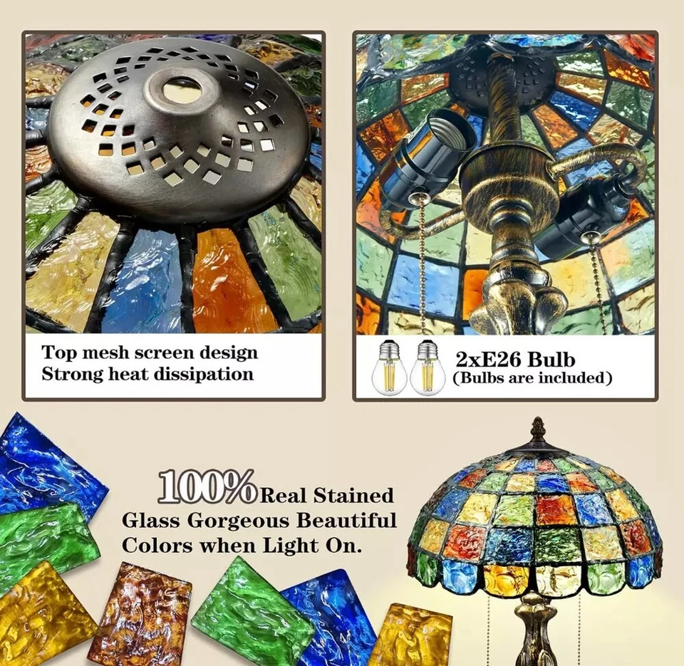 Tiffany Style Table Lamp 2 Bulb Stained Glass Vintage Bedside Reading Light - Image 3 of 4